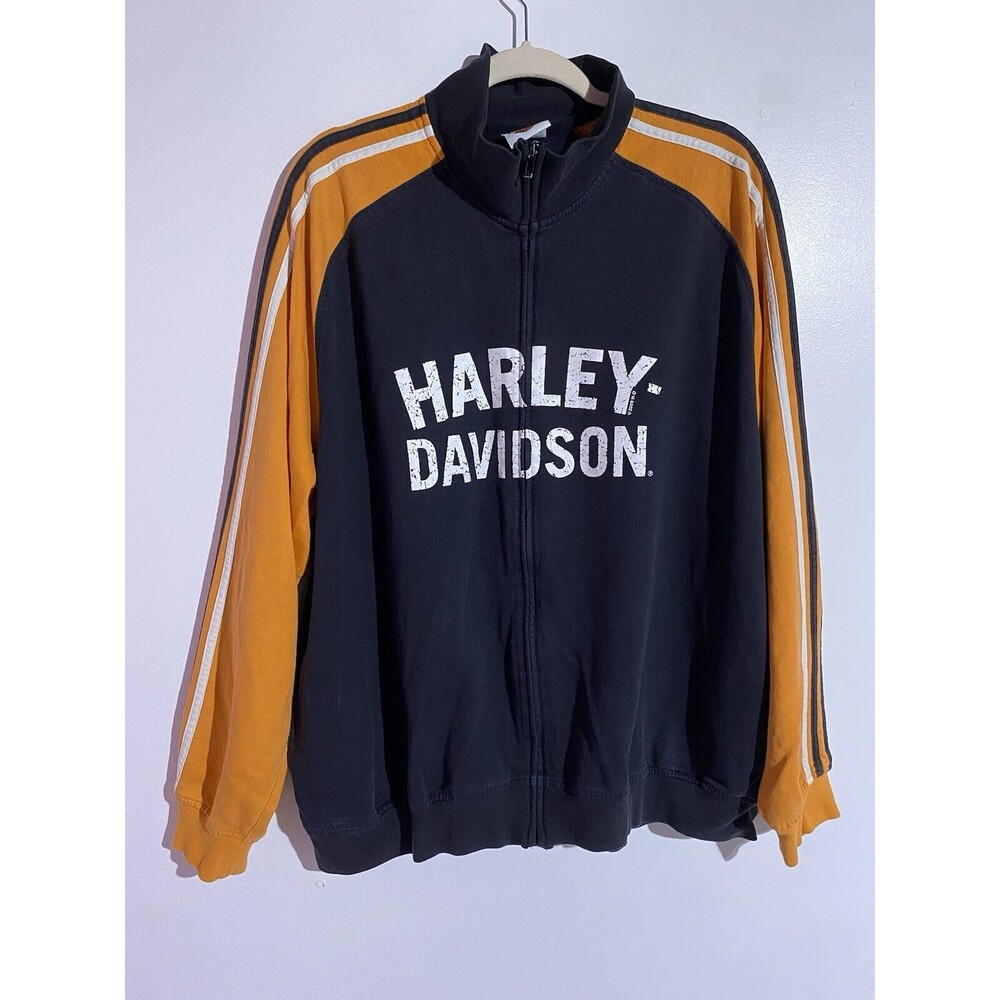 Vtg Harley Davidson Jacket Mens XL? Black Orange Y2K Motorcycle‎ Biker Zip Up